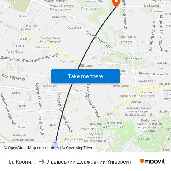 Пл. Кропивницького to Львівський Державний Університет Безпеки Життєдіяльності map