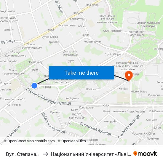 Вул. Степана Бандери to Національний Університет «Львівська Політехніка» map