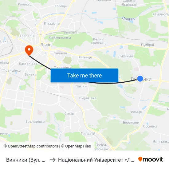 Винники (Вул. Винниченка) to Національний Університет «Львівська Політехніка» map