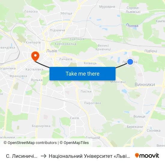 С. Лисиничі (Центр) to Національний Університет «Львівська Політехніка» map