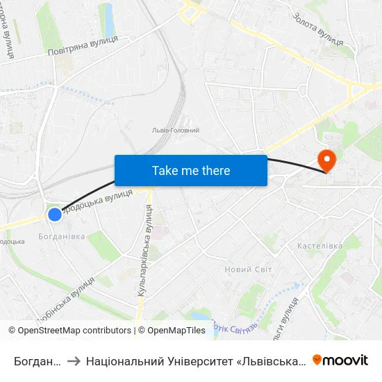 Богданівка to Національний Університет «Львівська Політехніка» map