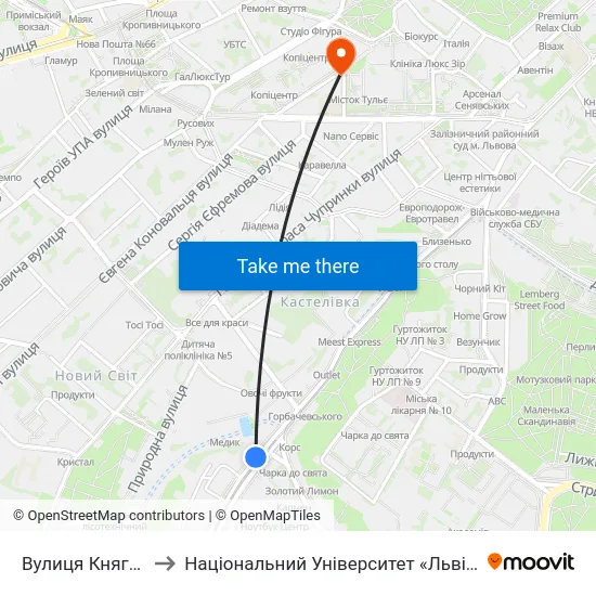 Вулиця Княгині Ольги to Національний Університет «Львівська Політехніка» map