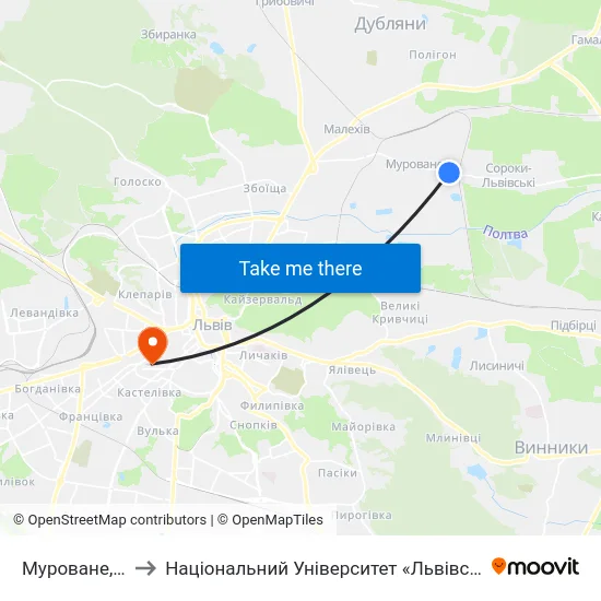 Муроване, Озеро to Національний Університет «Львівська Політехніка» map