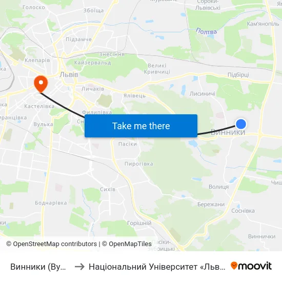 Винники (Вул. Лисика) to Національний Університет «Львівська Політехніка» map