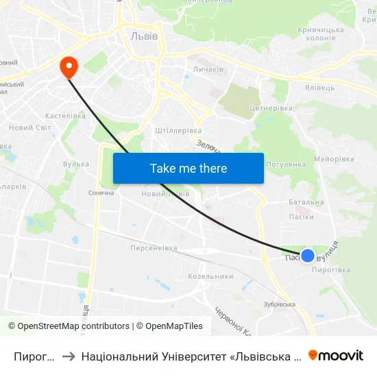 Пирогівка to Національний Університет «Львівська Політехніка» map