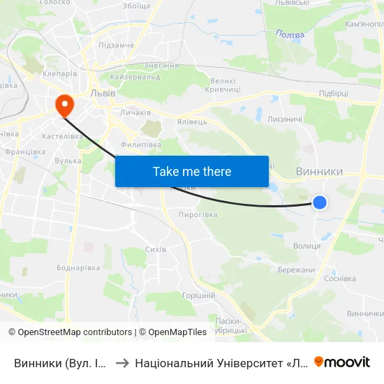 Винники (Вул. Івана Франка) to Національний Університет «Львівська Політехніка» map