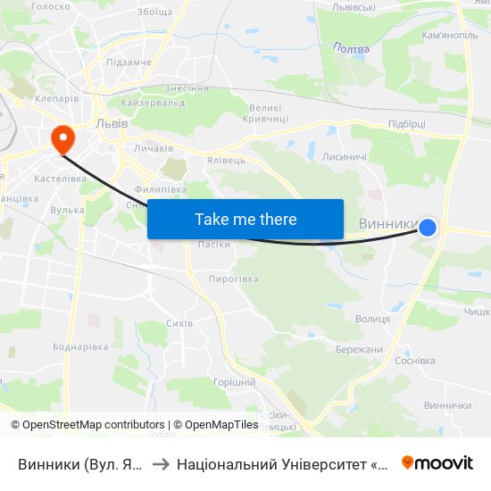 Винники (Вул. Яворницького) to Національний Університет «Львівська Політехніка» map