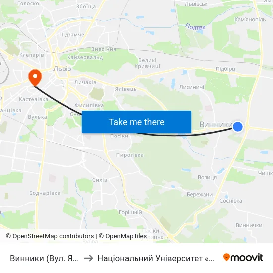 Винники (Вул. Яворницького) to Національний Університет «Львівська Політехніка» map