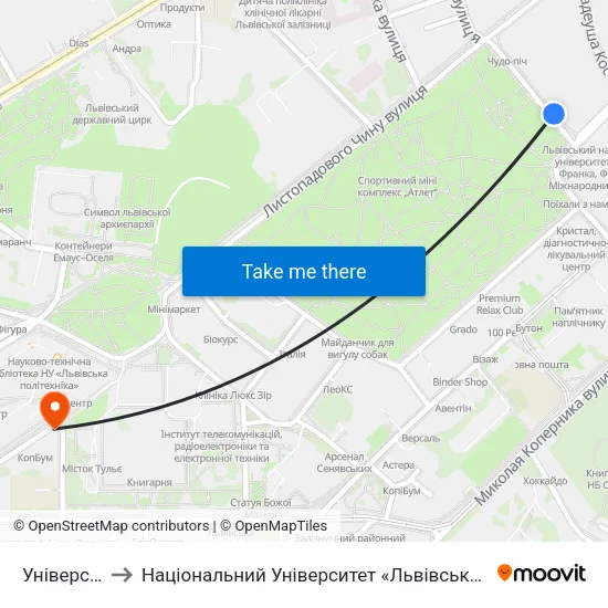 Університет to Національний Університет «Львівська Політехніка» map