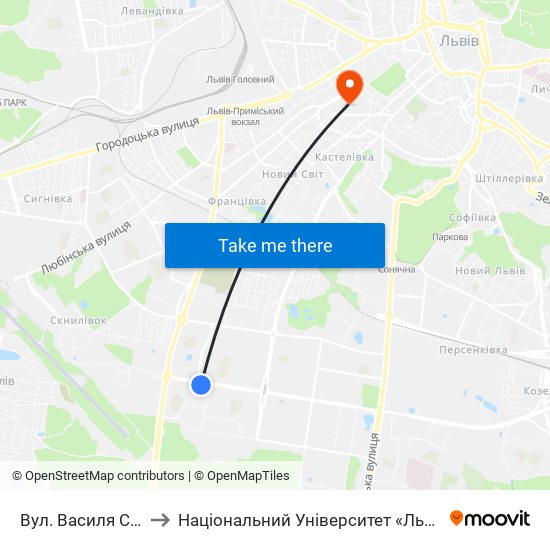 Вул. Василя Симоненка to Національний Університет «Львівська Політехніка» map