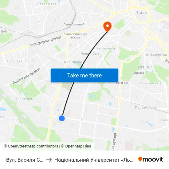 Вул. Василя Симоненка to Національний Університет «Львівська Політехніка» map