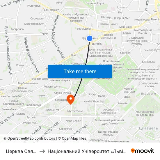 Церква Святої Анни to Національний Університет «Львівська Політехніка» map