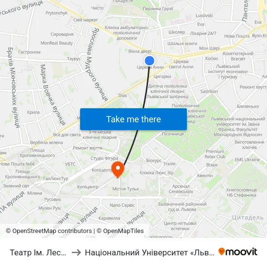 Театр Ім. Лесі Українки to Національний Університет «Львівська Політехніка» map