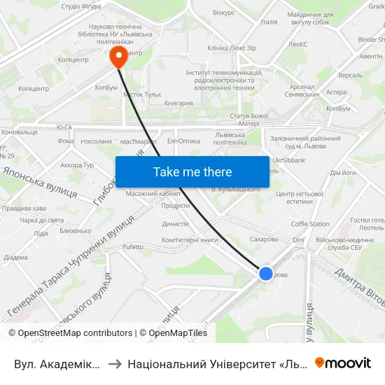 Вул. Академіка Сахарова to Національний Університет «Львівська Політехніка» map