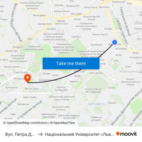 Вул. Петра Дорошенка to Національний Університет «Львівська Політехніка» map