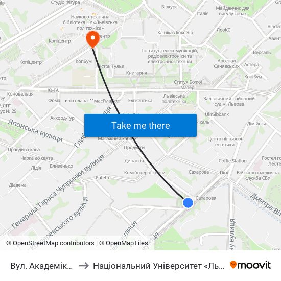 Вул. Академіка Сахарова to Національний Університет «Львівська Політехніка» map