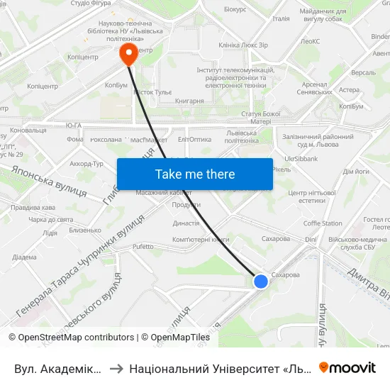 Вул. Академіка Сахарова to Національний Університет «Львівська Політехніка» map