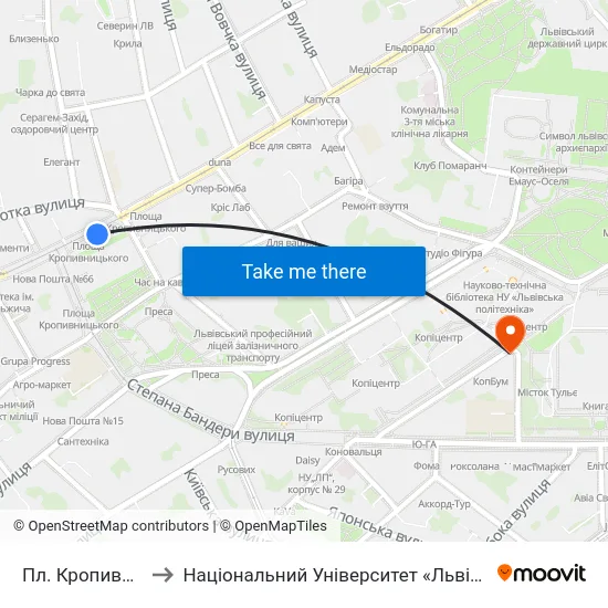 Пл. Кропивницького to Національний Університет «Львівська Політехніка» map