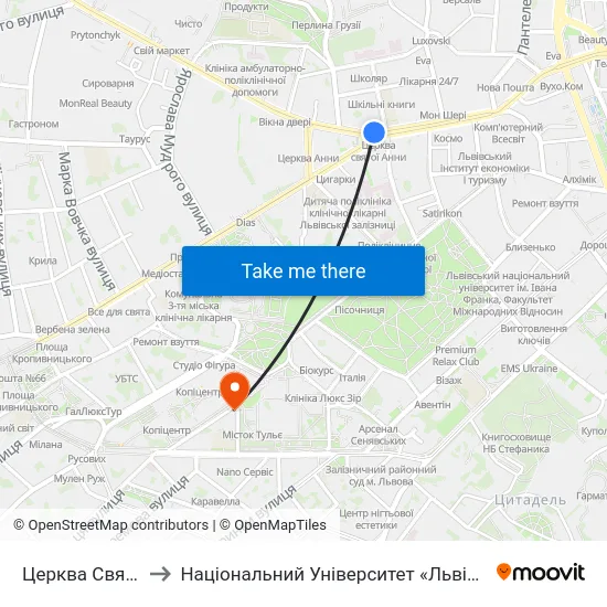 Церква Святої Анни to Національний Університет «Львівська Політехніка» map