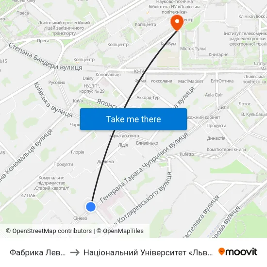 Фабрика Левинського to Національний Університет «Львівська Політехніка» map