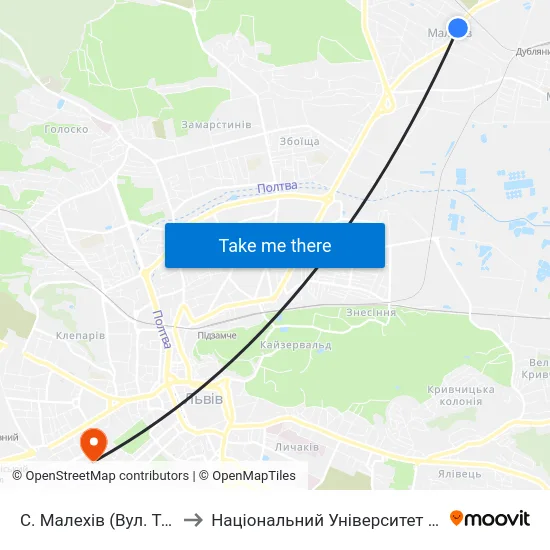 С. Малехів (Вул. Тараса Шевченка) to Національний Університет «Львівська Політехніка» map