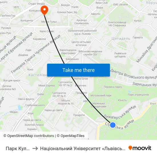 Парк Культури to Національний Університет «Львівська Політехніка» map