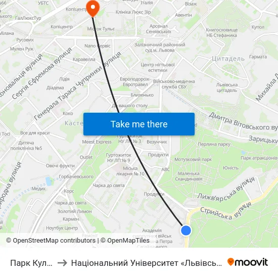 Парк Культури to Національний Університет «Львівська Політехніка» map