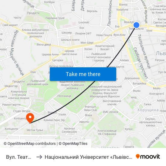 Вул. Театральна to Національний Університет «Львівська Політехніка» map