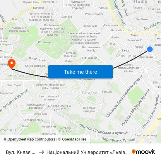 Вул. Князя Романа to Національний Університет «Львівська Політехніка» map