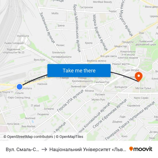 Вул. Смаль-Стоцького to Національний Університет «Львівська Політехніка» map