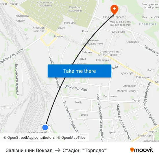 Залізничний Вокзал to Стадіон ""Торпедо"" map