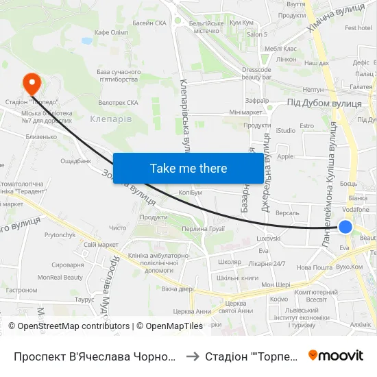 Проспект В'Ячеслава Чорновола to Стадіон ""Торпедо"" map