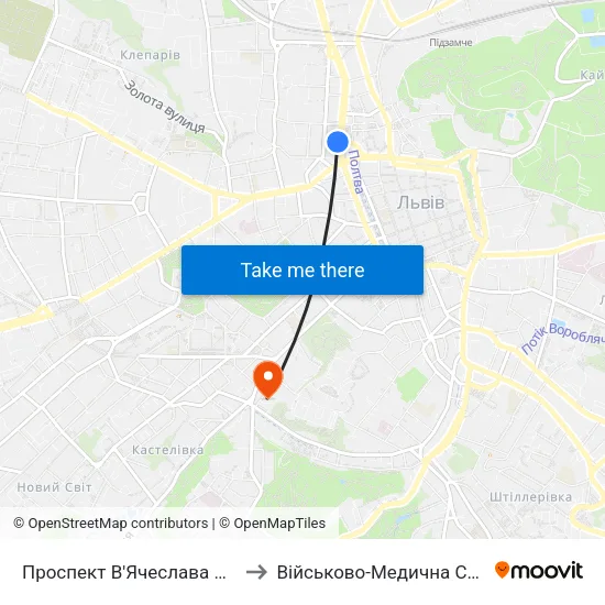 Проспект В'Ячеслава Чорновола to Військово-Медична Служба Сбу map
