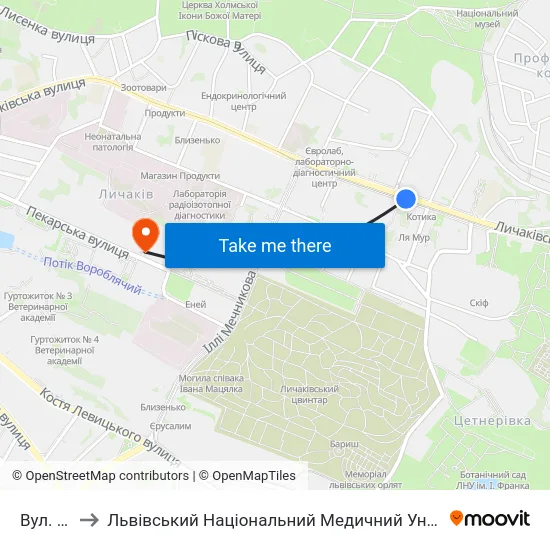 Вул. Котика to Львівський Національний Медичний Університет Імені Данила Галицького map