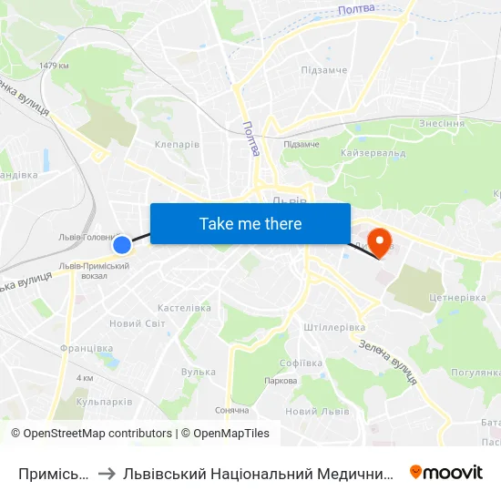 Приміський Вокзал to Львівський Національний Медичний Університет Імені Данила Галицького map