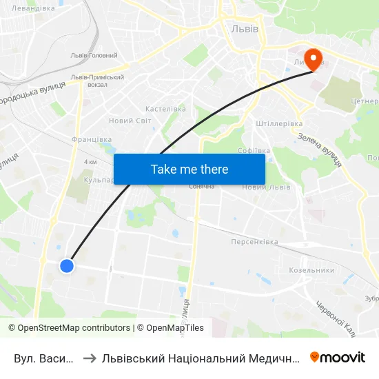 Вул. Василя Симоненка to Львівський Національний Медичний Університет Імені Данила Галицького map