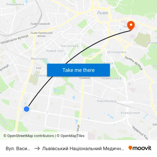 Вул. Василя Симоненка to Львівський Національний Медичний Університет Імені Данила Галицького map