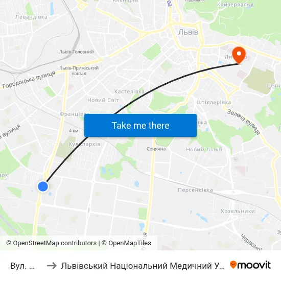 Вул. Щирецька to Львівський Національний Медичний Університет Імені Данила Галицького map
