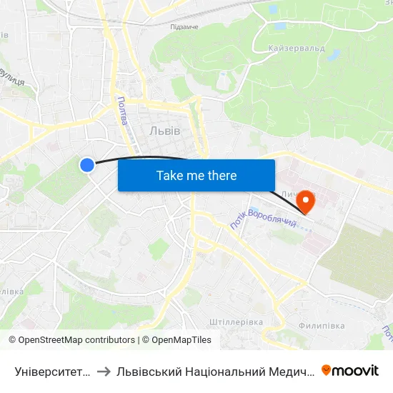 Університет Ім. Івана Франка to Львівський Національний Медичний Університет Імені Данила Галицького map