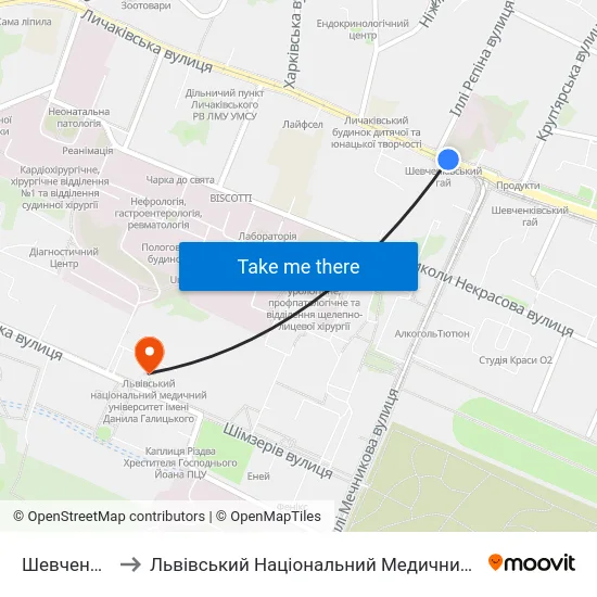 Шевченківський Гай to Львівський Національний Медичний Університет Імені Данила Галицького map