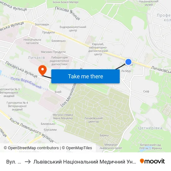 Вул. Котика to Львівський Національний Медичний Університет Імені Данила Галицького map