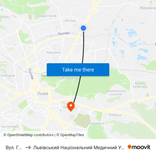 Вул. Грінченка to Львівський Національний Медичний Університет Імені Данила Галицького map