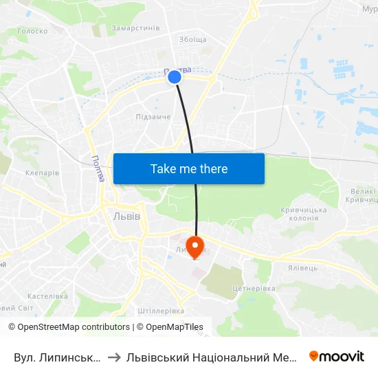 Вул. Липинського - Вул. Миколайчука to Львівський Національний Медичний Університет Імені Данила Галицького map