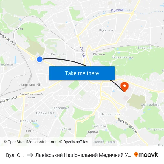 Вул. Єрошенка to Львівський Національний Медичний Університет Імені Данила Галицького map