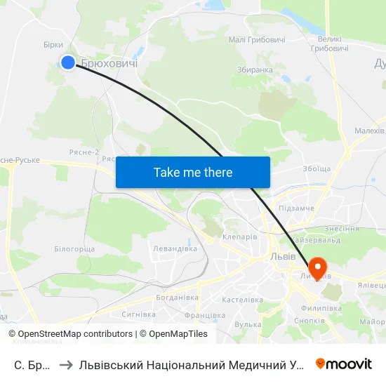 С. Брюховичі to Львівський Національний Медичний Університет Імені Данила Галицького map