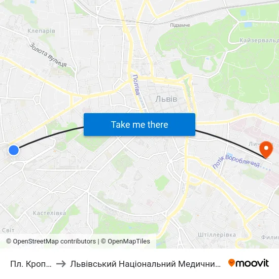 Пл. Кропивницького to Львівський Національний Медичний Університет Імені Данила Галицького map