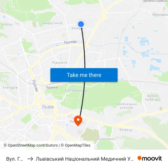 Вул. Грінченка to Львівський Національний Медичний Університет Імені Данила Галицького map
