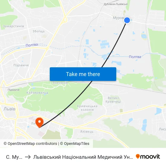 С. Муроване to Львівський Національний Медичний Університет Імені Данила Галицького map