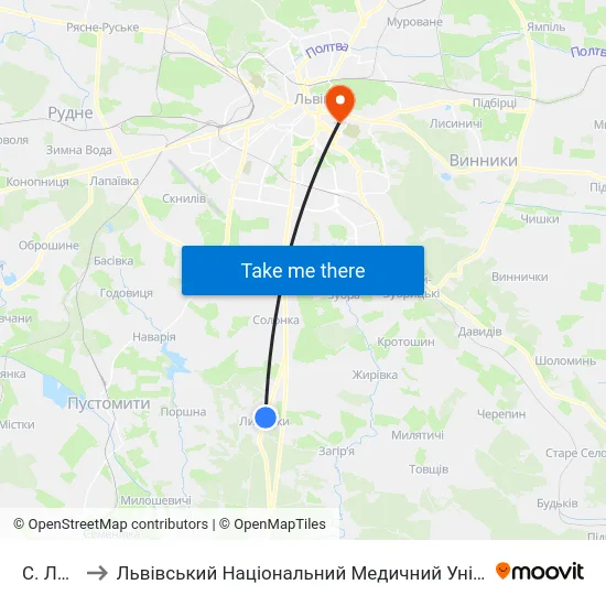 С. Липники to Львівський Національний Медичний Університет Імені Данила Галицького map