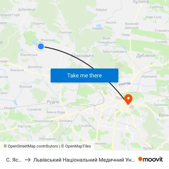 С. Ясниська to Львівський Національний Медичний Університет Імені Данила Галицького map